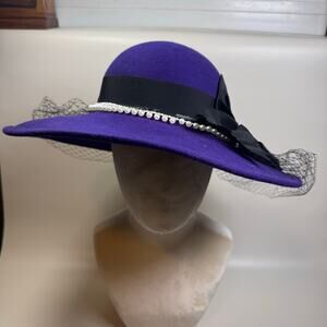 Vintage Women's Purple Hat 100% Wool Black Bow Pearls Retro Princess Made in USA